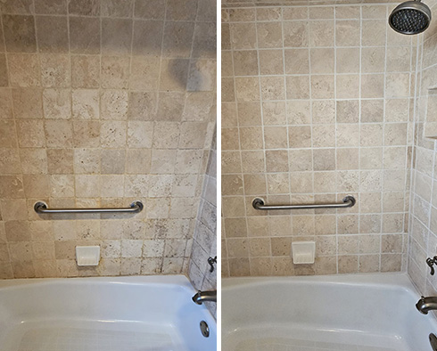 Travertine Shower and Ceramic Tub Before and After a Grout Sealing in Merrick