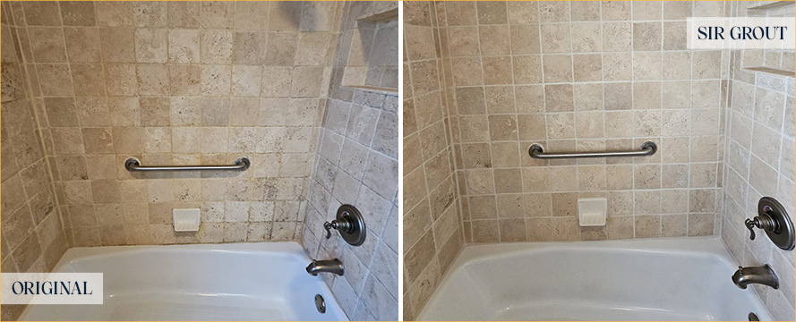 Travertine Shower and Ceramic Tub Before and After a Grout Sealing in Merrick