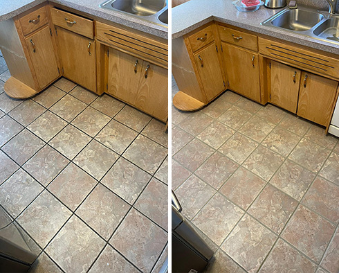 Kitchen Floor Before and After a Grout Cleaning in Long Beach