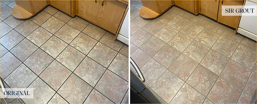 Kitchen Floor Before and After a Grout Cleaning in Long Beach